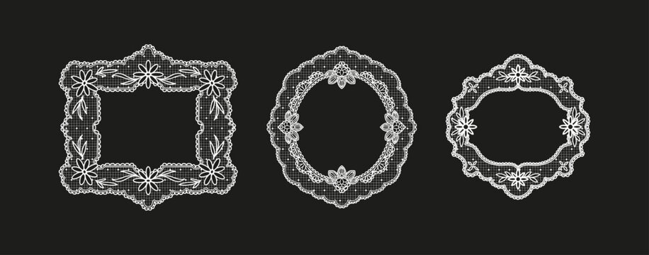 Set of Vintage Lace Frames, Square Round Oval Borders with Floral Doily ornament. Wedding Invitation, Card, Clip art. White decorative flat vector illustration isolated on black background