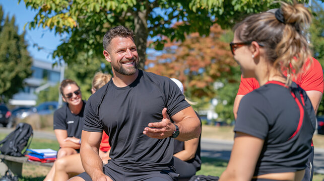 Fitness coaches in a group training session under harsh midday sun, skills transfer workshop visible from a banner overhead, diverse group of industry professionals learning new certifications, resu