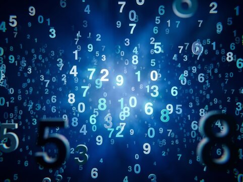 Floating numbers in a digital abstract blue scene, suggesting technology and data.