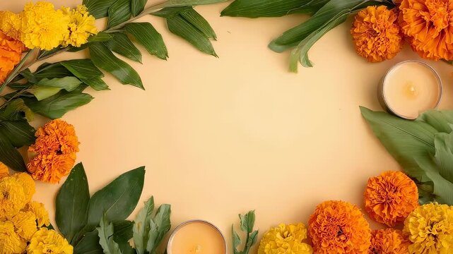 Marigold flower and candle frame on yellow background. Traditional hindu decoration for diwali festival. Pooja ritual arrangement with festive floral celebration.