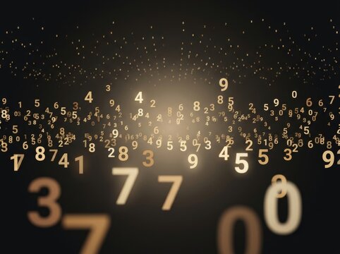 Abstract visualization of floating numbers in a dark backdrop, conveying data flow.
