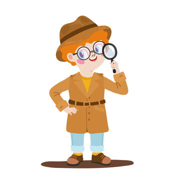 Red haired child detective with glasses and magnifying glass vector isolated on white