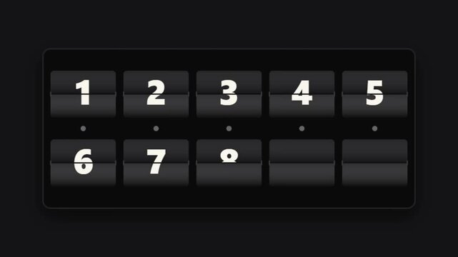 Retro flip clock numbers animation, mechanical split-flap display counting from 1 to 8, vintage airport scoreboard style on black background