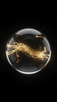 Glowing Spheres with Intricate Golden Wire Patterns Rotating Within Transparent Glass Orbs. Dynamic Looping Animation with Elegant, Futuristic Design.