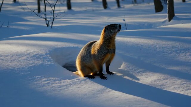 A red fox peeks out from a snow-covered den, surrounded by the beauty of a snow-covered forest.