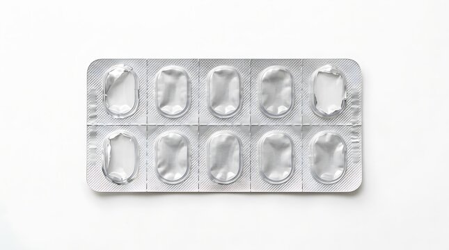 Empty blister pack with used pill cavities, foil backing visible, pharmaceutical medicine packaging isolated on white background