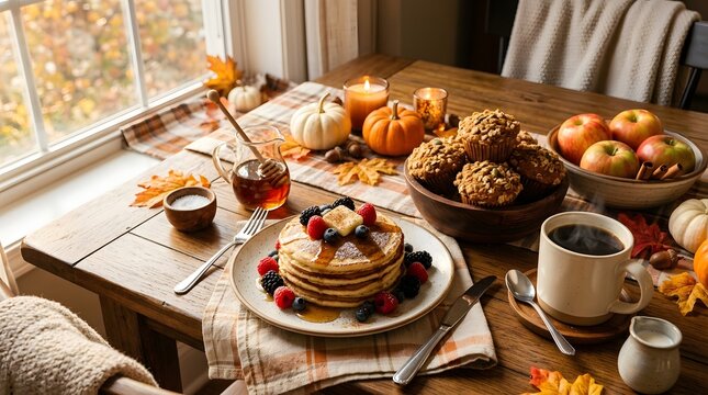 A warm and cozy thanksgiving morning scene delicious pancakes autumn fruits and festive decor create a beautiful holiday breakfast table setting