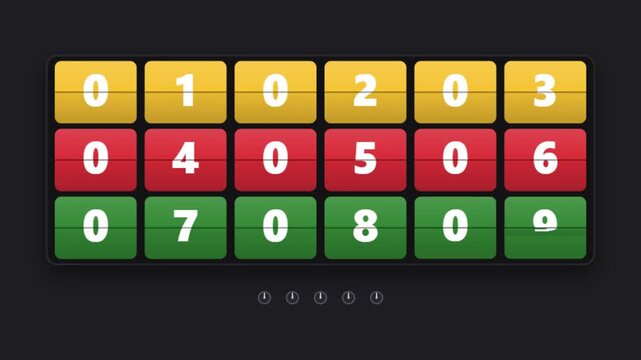 Retro flip clock numbers set, vintage mechanical scoreboard digits in yellow red and green, analog countdown timer elements for motion graphics