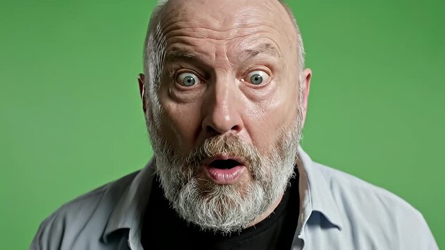 Surprised Bald Man with Beard and Open Mouth Expressing Shock and Amazement in Front of Green Screen