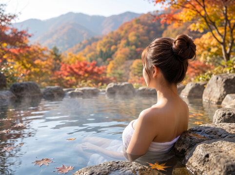 紅葉の山々を眺めながら温かな岩風呂の湯に身を包むバスタオル姿の女性
