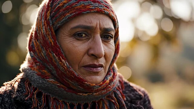 Thoughtful elderly woman wearing a colorful patterned headscarf and knitted shawl, looking into