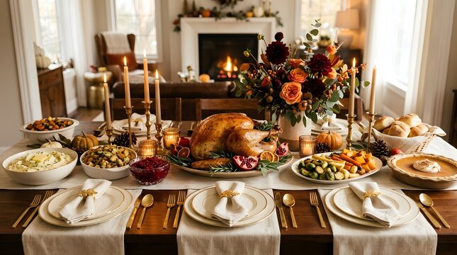 A warm and inviting thanksgiving feast a beautifully set table with abundant food glowing candles and a cozy fireplace backdrop for a