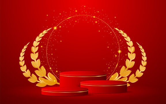 Red podium with elegant gold lines for the best awards or product display. stage or podium. vector illustration