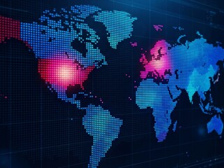 Obraz premium A digital world map in blue and pink hues, highlighting continents with a pixelated effect, set against a dark background.