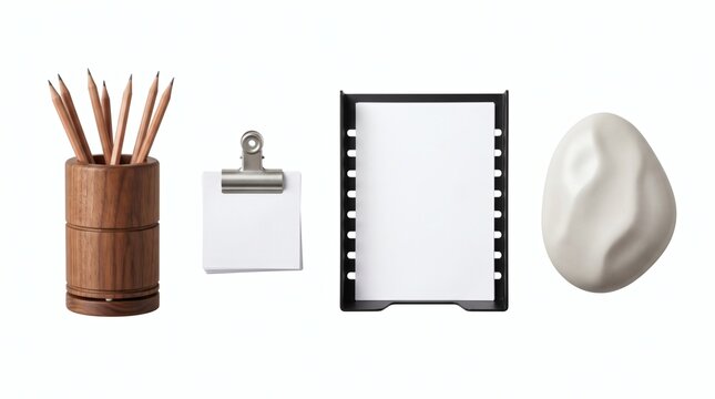 Collection of various office and desk supplies including pencils, paper, and a clip on a white background.