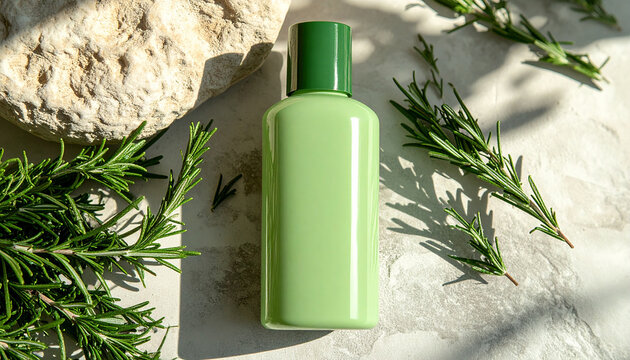 Natural rosemary shampoo in green cosmetic bottle, fresh organic botanical product, rosemary branches and green leaves, natural stone surface, botanical hair care atmosphere.