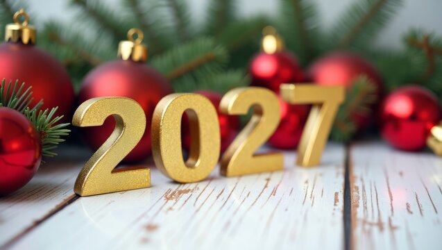 Macro of golden 2027 numbers standing among red christmas baubles and pine branc