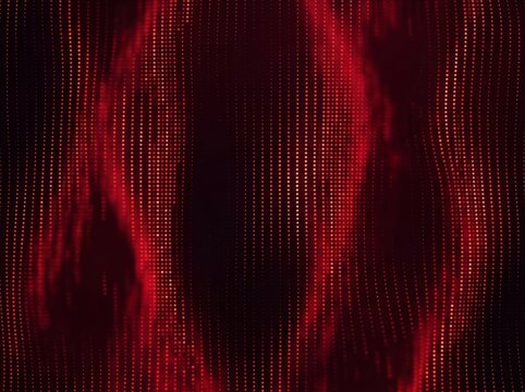 A dynamic pattern of glowing red dots forms abstract waves, creating a sense of motion.