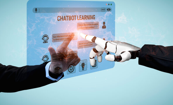 Human and robotic hands interacting with a digital interface showcasing chatbot learning and artificial intelligence technology concepts with modern design aesthetics Fluxor.