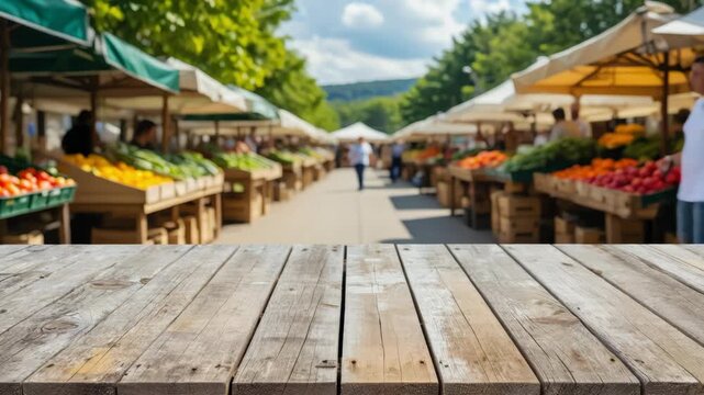 Wooden table in foreground, shallow depth of field. Rows of stalls line path under green canopies. Vibrant fruits and vegetables displayed on wooden crates. People stroll between stalls