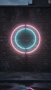 Neon Circle Animation Expanding on a Brick Wall, Creating a Glowing, Futuristic Urban Design Loop. with Glowing Ring
