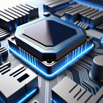Futuristic Computer Processor on Blue Electronic Circuit Board