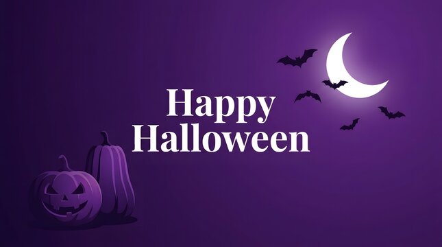 A festive purple background featuring a glowing moon bats and a carved pumpkin wishing everyone a happy halloween