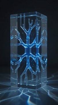 Glowing Crystal Structure Rotating Slowly with Electric Arcs and a Reflective Floor. Seamless Looping Animation for Futuristic Technology.