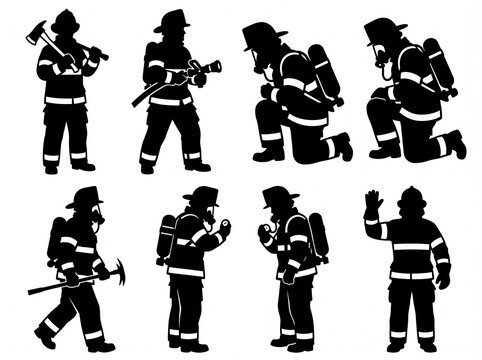 Set of professional firefighter silhouettes featuring heroes in action poses including holding an axe, kneeling with oxygen tanks, using fire hoses, and wearing protective emergency rescue gear.