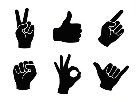 Set of Minimalist Hand Gesture Icons and Black Silhouette Symbols for Communication Including Peace Sign, Thumbs Up, Pointing Finger, Fist, OK Sign, and Shaka Isolated on a White Background