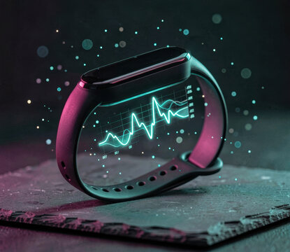 Modern smart band displaying futuristic glowing cyan heart rate hologram