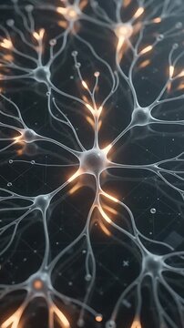 Glowing Neural Network Animation with Interconnected Neurons and Synapses, Creating a Dynamic Abstract Background.