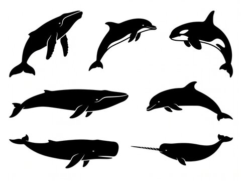 Black silhouettes of marine mammals set including humpback whale, blue whale, sperm whale, orca, bottlenose dolphin and narwhal. Minimalist vector icons of aquatic animals for ocean nature design.