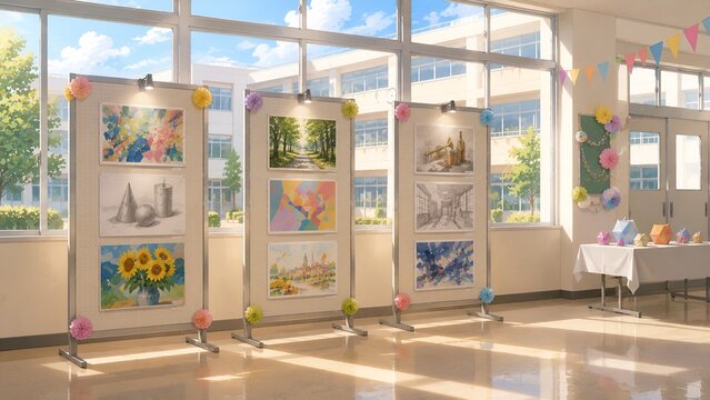 文化祭の美術展のために絵画や作品が展示された光が差し込む学校のオープンスペース