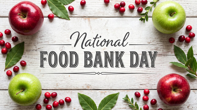 Fresh apples and berries arranged around National Food Bank Day text on rustic wooden background symbolizing community support nutrition and charitable giving   generative ai