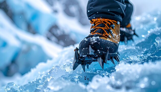 Close up of mountaineer boots with crampons walking on icy glacier surface.