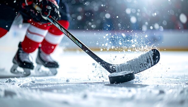 Hockey Player Stick Puck Ice Action Close Up.
