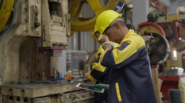 Senior worker training young engineer operating machine using tablet, Asian and caucasian men working in metal sheet roof manufacturing factory plant
