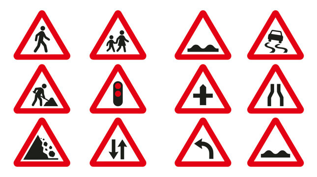 Collection of Triangular Red Warning Road Signs and Traffic Symbols