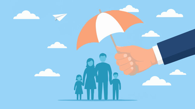 Hand holding umbrella protecting family, life insurance concept