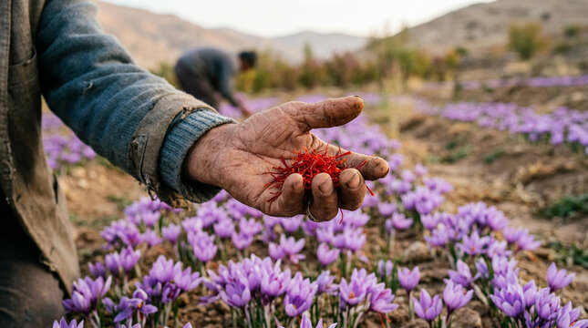 Farmers hand extending freshly harvested saffron threads toward the camera, purple saffron crocus flowers softly visible in the background