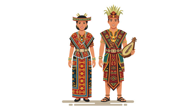 Indonesian couple in traditional Dayak ethnic costumes.