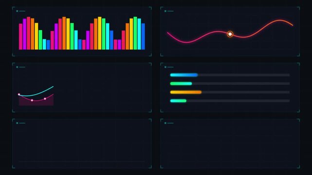 Digital dashboard interface with colorful graphs and data visualizations on dark theme