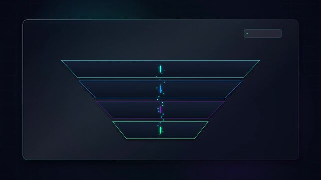 Abstract futuristic funnel diagram interface for data visualization and business analytics dashboard featuring neon glowing elements on dark theme