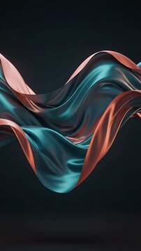 Abstract Silk Ribbons Flowing and Undulating in a Seamless Looping Animation. Dynamic Fluid Motion Graphics with Teal and Copper Hues.