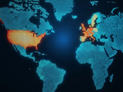 Colorful digital world map highlighting USA and Europe in pixelated style, with a modern glow effect.