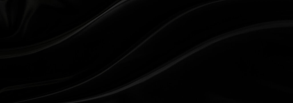 Black gray satin dark fabric texture luxurious shiny that is abstract silk cloth panorama background with patterns soft waves blur beautiful.