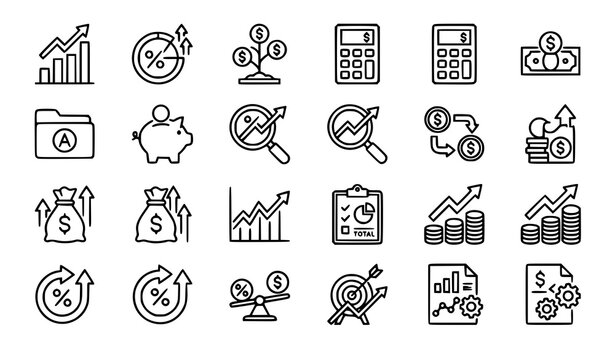 return on investment icons vector set with minimal financial performance corporate growth and roi line icons