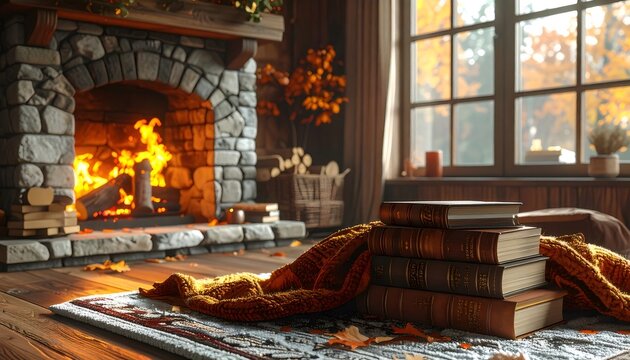 Cozy autumn fireplace scene with books and warm blanket