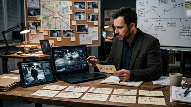 Detective Analyzing Evidence at Desk with Digital Devices and Documents